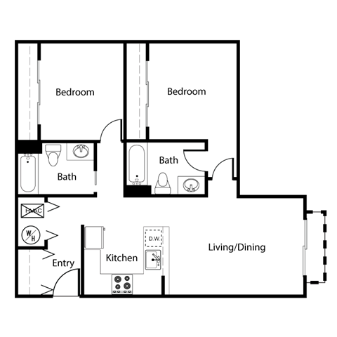 Floor plan for 2 beds, 2 baths, 879 sqft