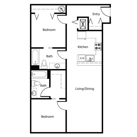 Floor plan for 2 beds, 2 baths, 858 sqft