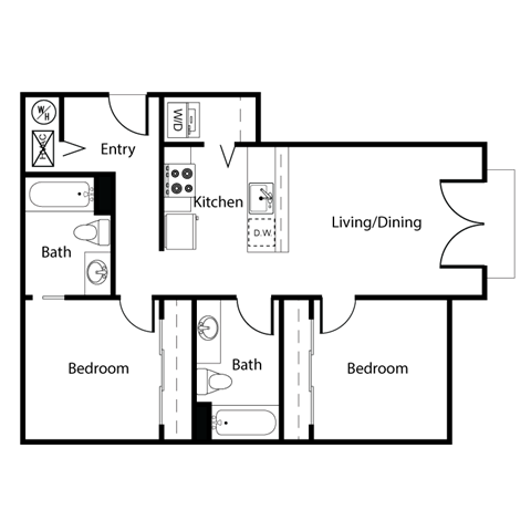 Floor plan for 2 beds, 2 baths, 780 sqft