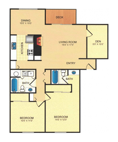 Floor plan for 2 beds, 2 baths, 1300 sqft