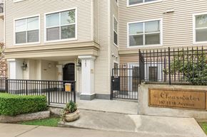 Seattle apartment for rent - The front of a building with a sign that says "The Clearwater" on it.