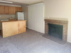 Des Moines apartment for rent - A kitchen with a refrigerator, sink, and a fireplace.