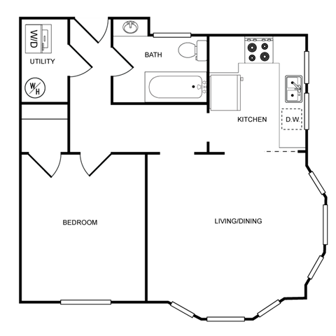 Floor plan for 1 bed, 1 bath, 600 sqft