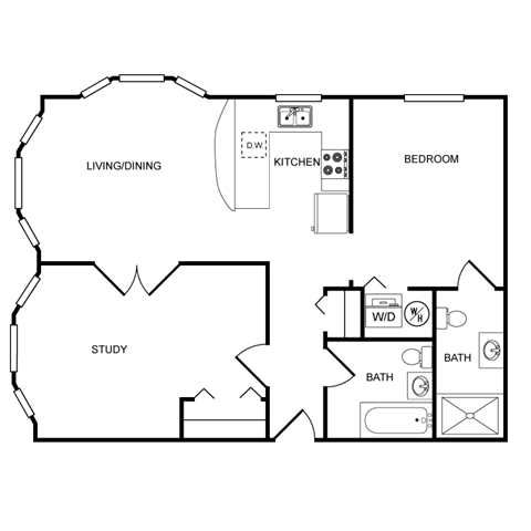 Floor plan for 2 beds, 2 baths, 775 sqft