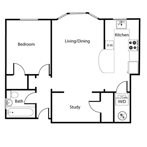 Floor plan for 1 bed, 1 bath, 711 sqft