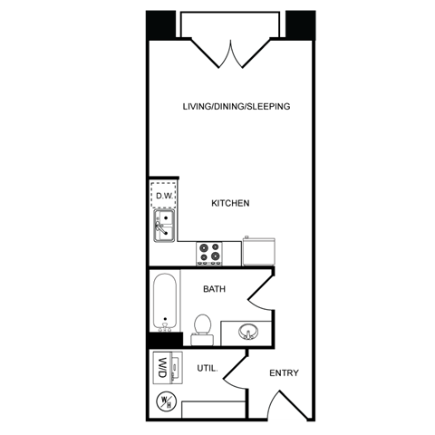 Floor plan for studio, 1 bath, 407 sqft