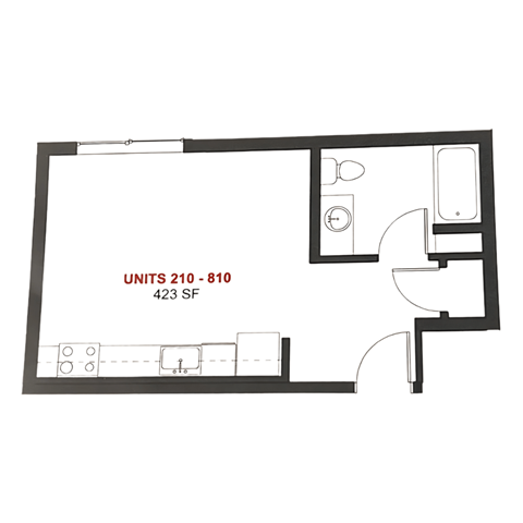 Floor plan for studio, 1 bath, 534 sqft