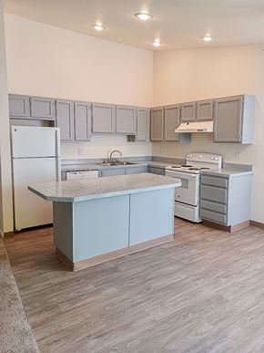 Kent apartment for rent - A kitchen with a white refrigerator and a marble island.