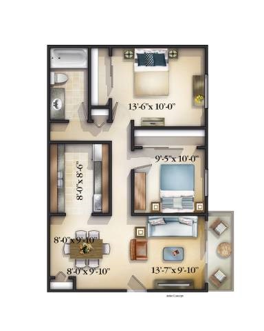 Floor plan for 2 beds, 1 bath, 700 sqft