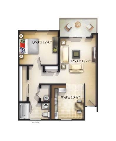 Floor plan for 1 bed, 1 bath, 625 sqft