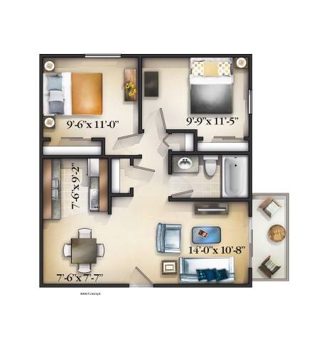 Floor plan for 2 beds, 1 bath, 625 sqft