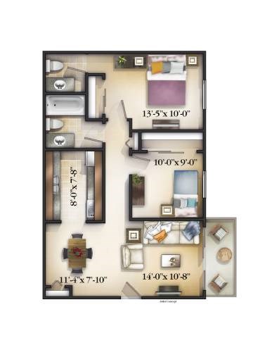 Floor plan for 2 beds, 1.5 baths, 835 sqft