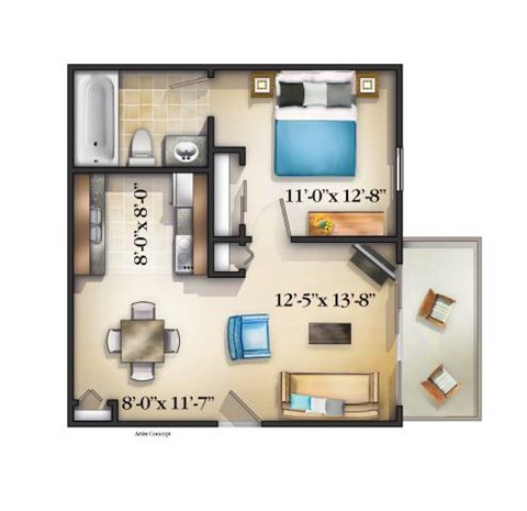 Floor plan for 1 bed, 1 bath, 525 sqft