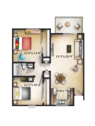 Floor plan for 2 beds, 1 bath, 800 sqft