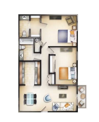 Floor plan for 2 beds, 1.5 baths, 710 sqft
