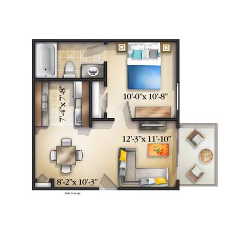 Floor plan for 1 bed, 1 bath, 475 sqft