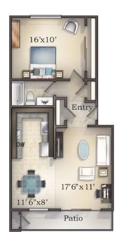 Floor plan for 1 bed, 1 bath, 716 sqft