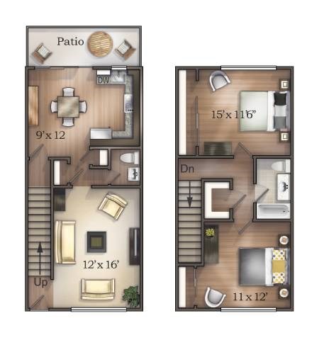 Floor plan for 2 beds, 1.5 baths, 965 sqft