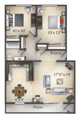 Floor plan for 2 beds, 1 bath, 870 sqft