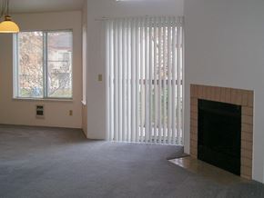 Kent apartment for rent - A room with a fireplace and a window with blinds.