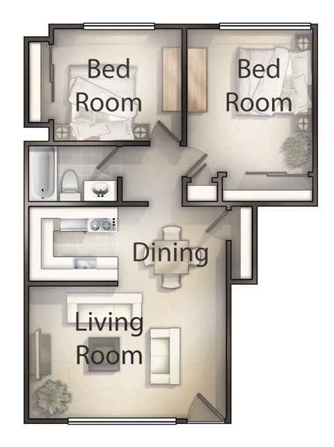Floor plan for 2 beds, 1 bath, 850 sqft