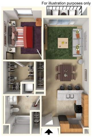 Floor plan for 1 bed, 1 bath, 734 sqft