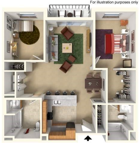 Floor plan for 2 beds, 2 baths, 1020 sqft