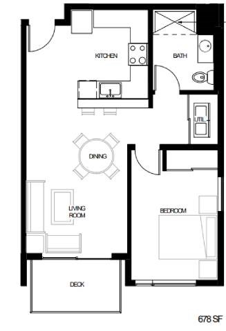 Floor plan for 1 bed, 1 bath, 797 sqft