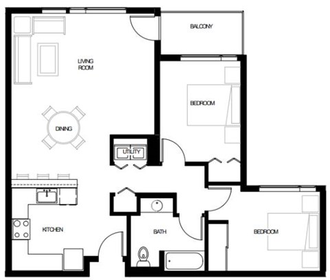 Floor plan for 2 beds, 1 bath, 980 sqft