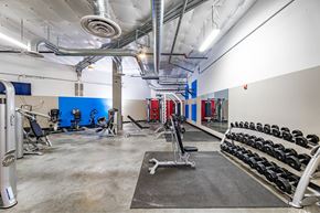 Bellevue apartment for rent - A gym with a variety of equipment including dumbbells and weight machines.