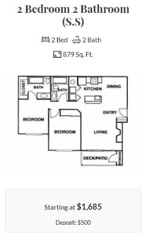 Floor plan for 2 beds, 2 baths, 923 sqft