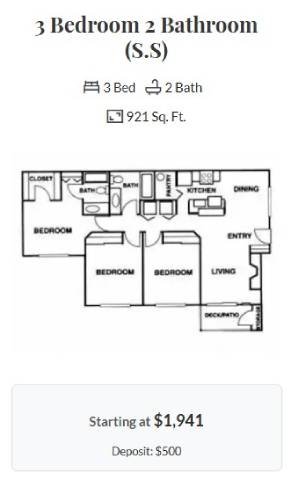 Floor plan for 3 beds, 2 baths, 1150 sqft
