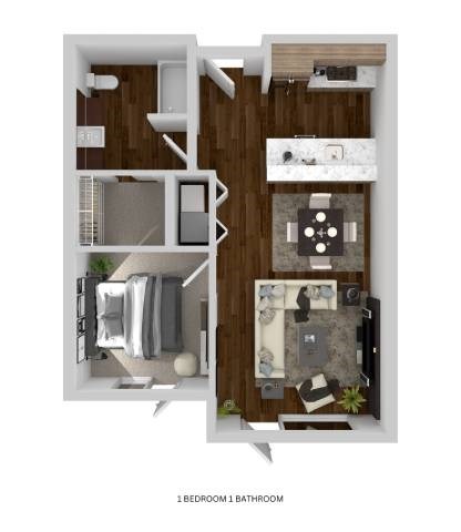 Floor plan for 1 bed, 1 bath, 628 sqft