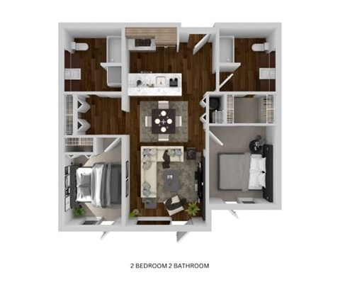 Floor plan for 2 beds, 2 baths, 884 sqft