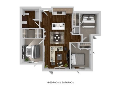Floor plan for 3 beds, 1 bath, 921 sqft
