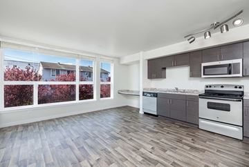 Seattle apartment for rent - A kitchen with a stove top oven and microwave above it.