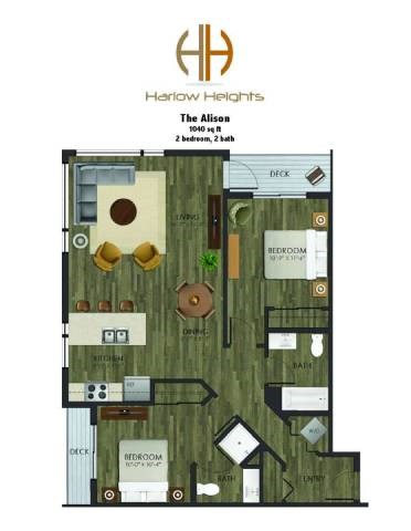 Floor plan for 2 beds, 2 baths, 1040 sqft