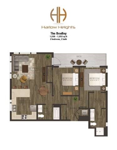 Floor plan for 2 beds, 2 baths, 1047 sqft