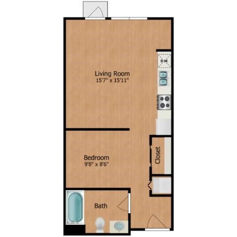 Floor plan for studio, 1 bath, 521 sqft