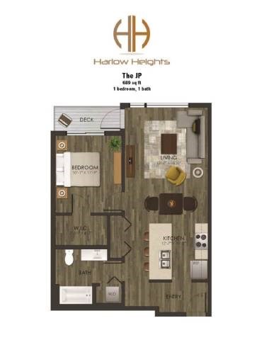 Floor plan for 1 bed, 1 bath, 689 sqft