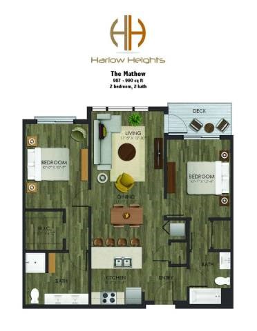 Floor plan for 2 beds, 2 baths, 988 sqft