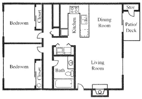 Floor plan for 2 beds, 1 bath, 950 sqft