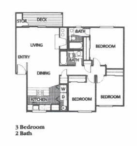 Floor plan for 3 beds, 2 baths, 1100 sqft