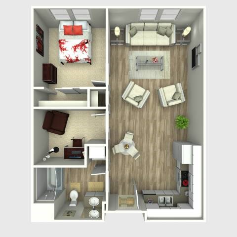 Floor plan for 1 bed, 1 bath, 669 sqft