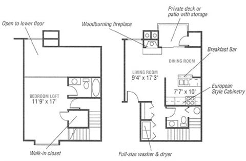 Floor plan for 1 bed, 1.5 baths, 830 sqft