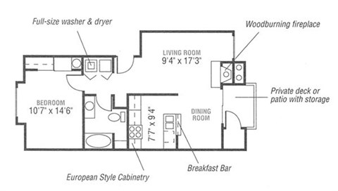 Floor plan for 1 bed, 1 bath, 695 sqft