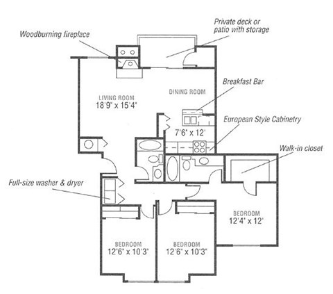 Floor plan for 3 beds, 2 baths, 1340 sqft