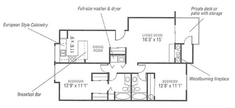 Floor plan for 2 beds, 2 baths, 1073 sqft