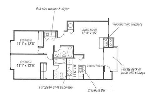 Floor plan for 2 beds, 2 baths, 984 sqft