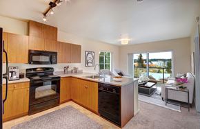 Redmond apartment for rent - A kitchen with wooden cabinets and a black oven.